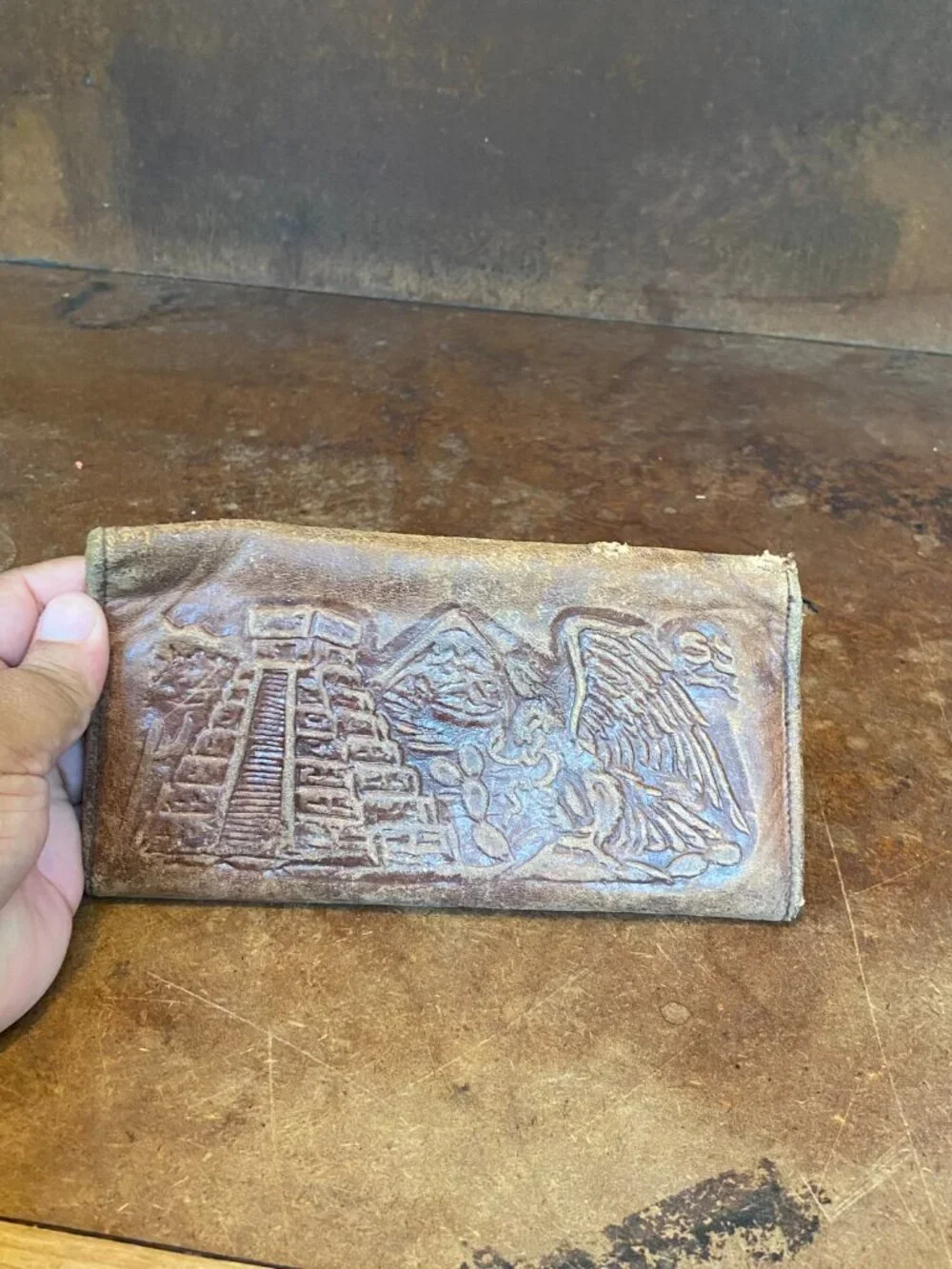 50s 60s Handmade Mexican Wallet Brown Leather Tooled Aztec Calendar Vintage